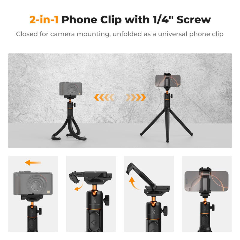 K&F CONCEPT Extendable Phone Tripod, Flexible Tripod with Remote, 3 in 1 Selfie Stick with Action Camera Adapter Flexible Legs Compatible with iPhone Samsung Canon Nikon Sony Cameras Action Camera.