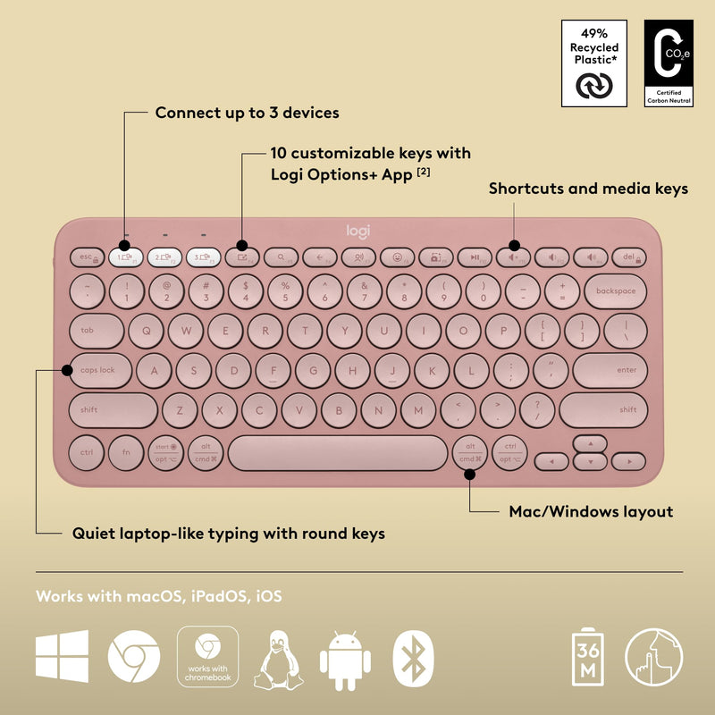 Logitech Pebble Keys 2 K380s, Multi-Device Bluetooth Wireless Keyboard with Customizable Shortcuts, Slim and Portable, Easy-Switch for Windows, macOS, iPadOS, Android, Chrome OS - Tonal Rose