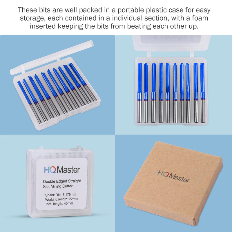 HQMaster CNC Router Bits 1/8 Router Bit Straight Router Bit 1 8 Shank Straight Flute End Mill Cutter 2-Flute Milling Cutting Tungsten Steel 22mm CEL/45mm OAL for MDF PVC Acrylic Chipboard Wood 10 Pack 3.175 x 22 x 45 mm