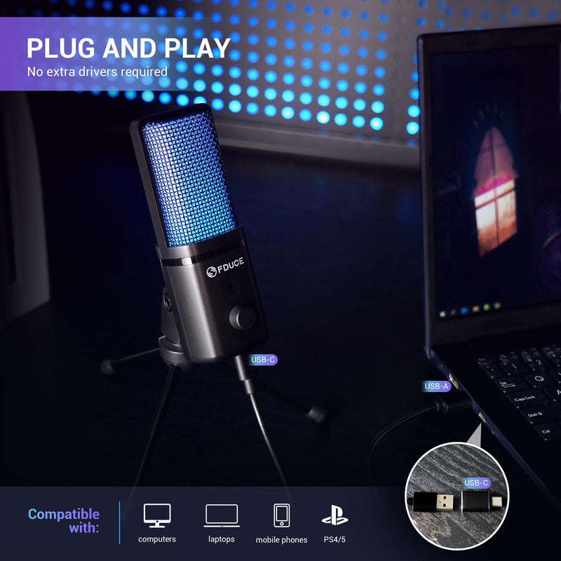 FDUCE M160 Gaming USB Microphone,RGB Condenser Microphone with Tripod,Volume Adjustment and Mute Button Function,Compatible with PC,Laptop,for Gaming,Podcasting,Streaming,YouTube RGB