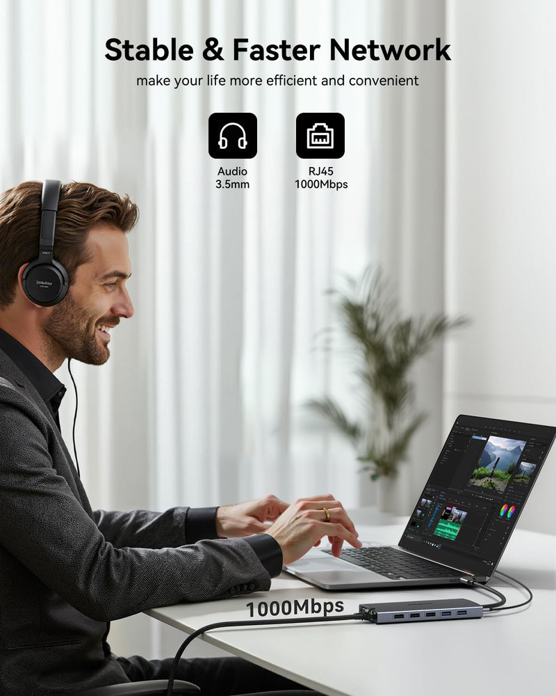 ZMUIPNG USB C Docking Station Dual Monitor 15 in 1 Laptop Docking Station Triple Display USB C Hub Multiple Adapter Dongle with 4K HDMI+VGA+USB Port+Button+PD+Ethernet for Dell HP Thinkpad Surface Grey 15 IN 1 Docking Station