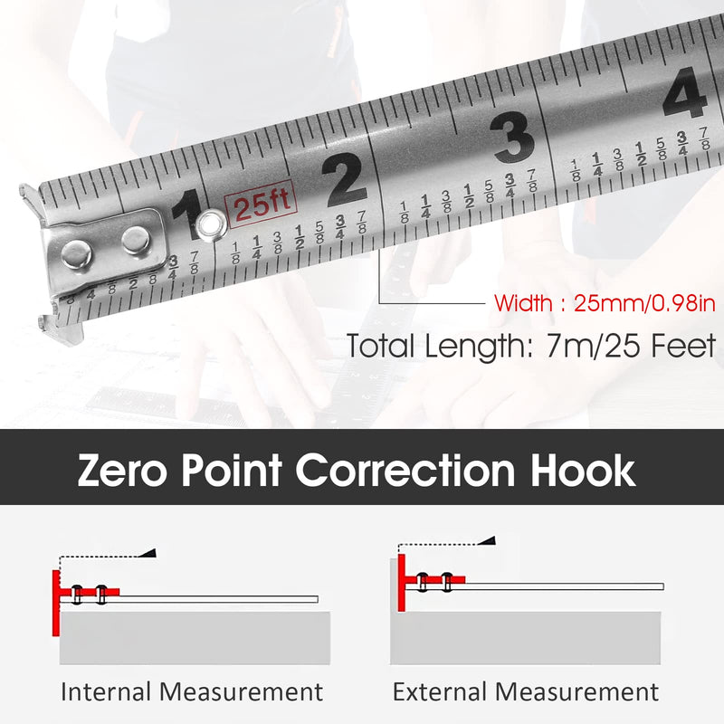 Tape Measure, 25FT Stainless Steel Retractable Measurement Tape Ruler with Double-Sided Scale, Waterproof & Rustproof 7.6 m Cool Gray