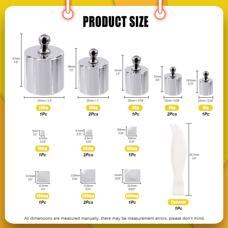 16pcs Precision Scale Calibration Weight Set 10/20/50/100/200g, 500/200/100/50/20/10mg Steel Weights Calibration with Tweezers for Digital Scale, Jewelry Scale (Total 500g)
