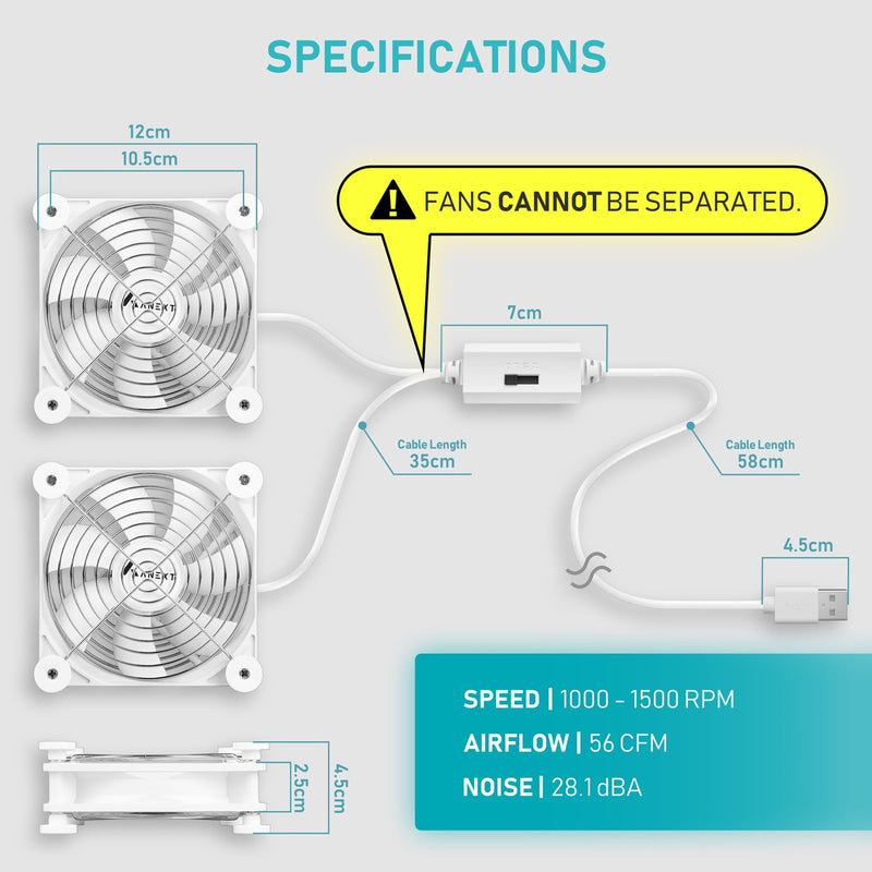 ANEXT, 120mm USB Computer Fan White, 120mm Fan, Silent Fans for Receiver DVR PlayStation Xbox Computer Cabinet Cooling, 2 in 1 Packs White