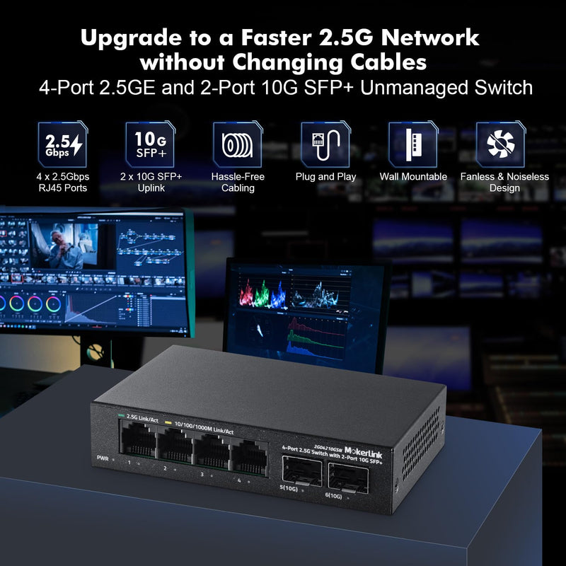 MokerLink 4 Port 2.5G Ethernet Switch with 2x10G SFP+ Slot, 4x2.5G Base-T Ports Compatible with 100/1000Mbps, Mini Size, Metal Unmanaged Fanless Network Switch Mini 4*2.5G,2*10G SFP