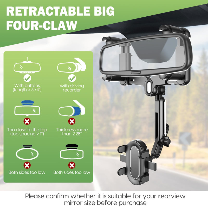 Rear View Mirror Phone Holder For Car - Multifunctional 360 Rotatable Car Rearview Mirror Phone Holder, With Retractable Curved Handle, Fixed At Four Corners, Car Phone Holder For All Phone Bendable black