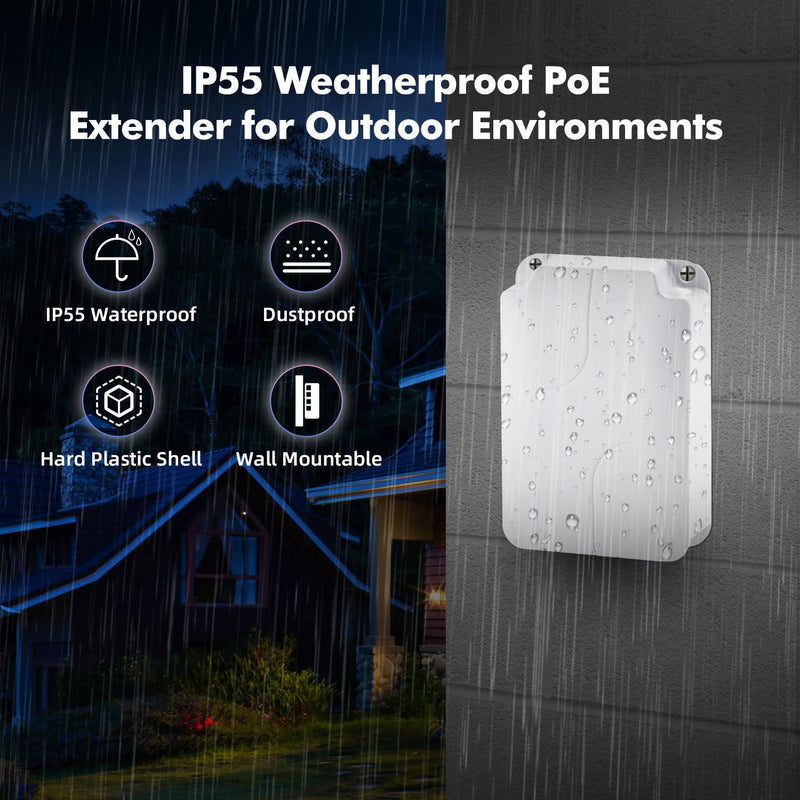 Outdoor 4 Port Gigabit PoE Extender, 1 in 3 Out PoE+ Repeater, 10/100/1000Mbps, IEEE 802.3 af/at 30W, Wall Mount Waterproof YuLinca POE Passthrough Switch