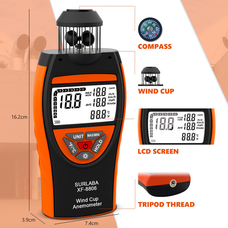 Digital Cup Wind Meter, Handheld Anemometer ±4% High Accuracy Wind Gauge Measures MAX/MIN/AVG Wind Speed & Temperature (℃/℉), Wind Meter with Compass for Shooting, Sailing, Surfing, Drone XF-8806
