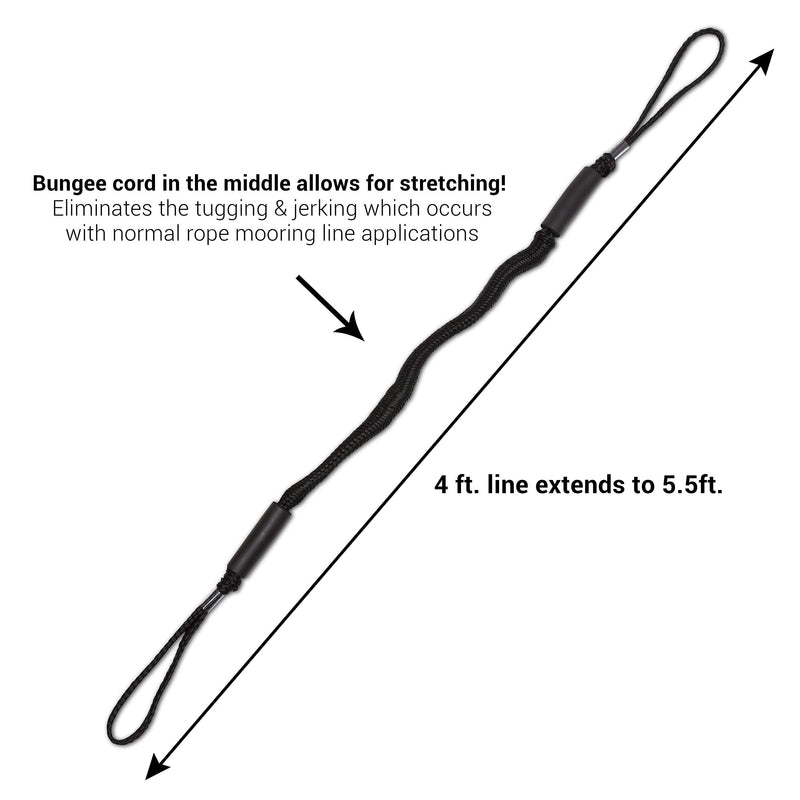 Bungee Dock Line 2-Pack - 4ft, Adjustable No-Jerk Boat & Kayak Ties, Premium Mooring Ropes, Essential Boat Accessories, Ideal Kayak Accessories, Includes Free Docking E-Book by Domabri (Black) Non-Custom Black
