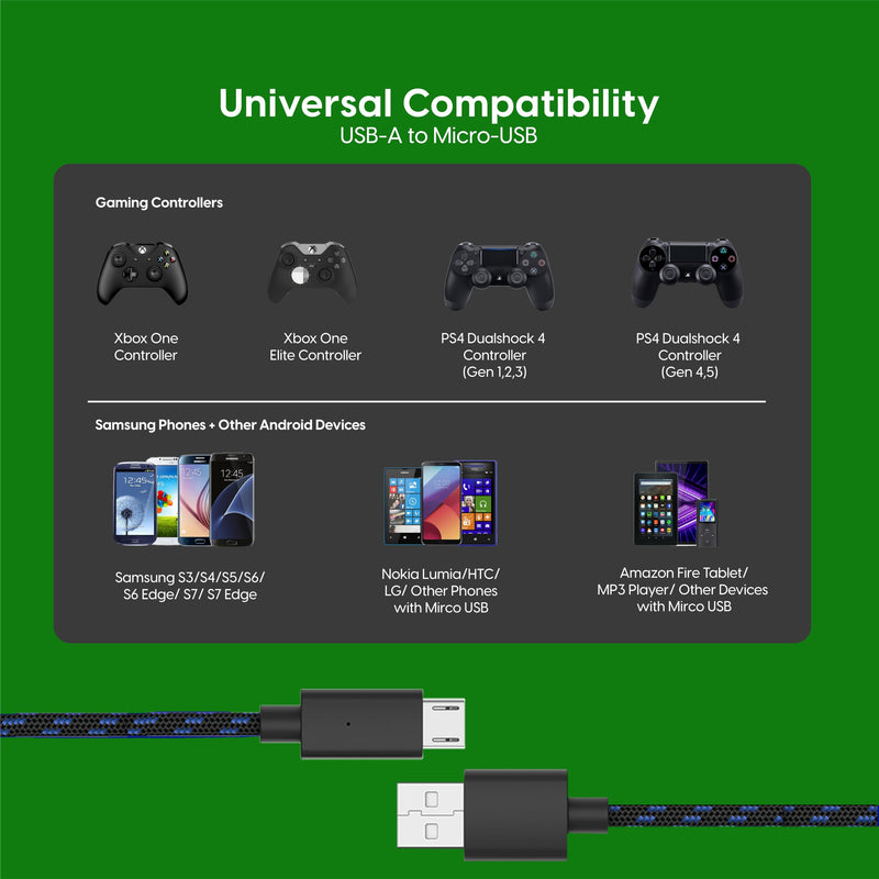 TALK WORKS Controller Charger Cord for Xbox One - 2 Pack 10 ft Nylon Braided Micro USB Charging Cable - Also Android Compatible with Samsung Galaxy, PS4