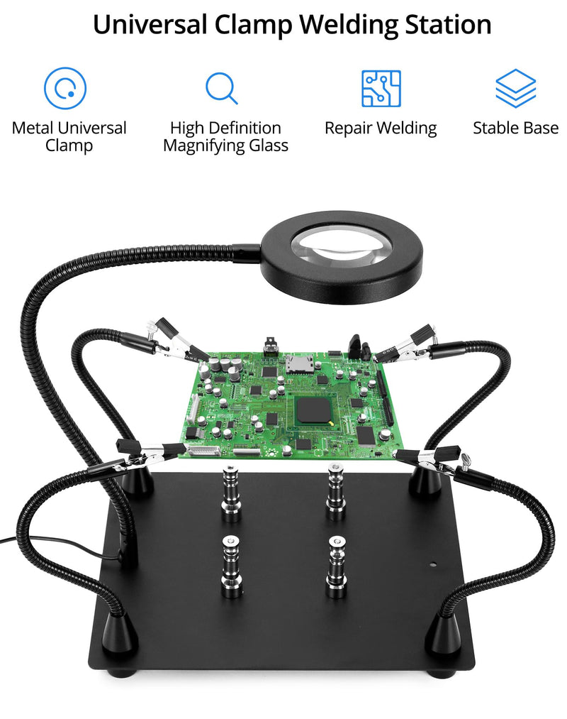 QWORK® Third Hand Soldering, with 6X LED Magnifying Lamp, 4 Soldering Helping Arms, 4 PCB Columns