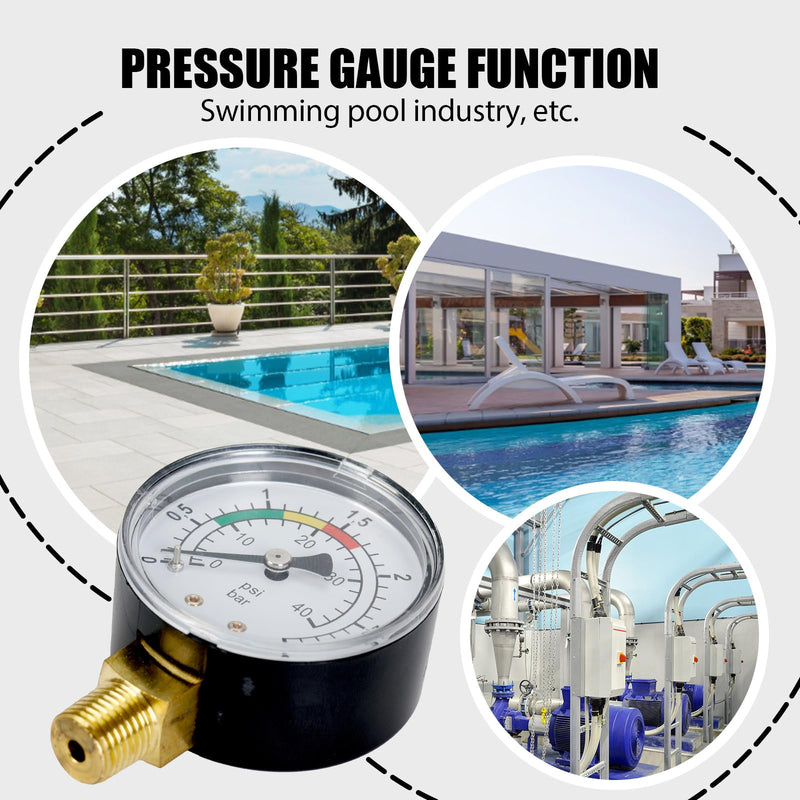 Pressure Gauge 0-3 Bar for Water, 1/4 Inch Connection, Precise Pressure Gauge for Pool Sand Filter System and Fish Pond, Water Pressure Gauge with Color Scale, Robust and Easy to Read