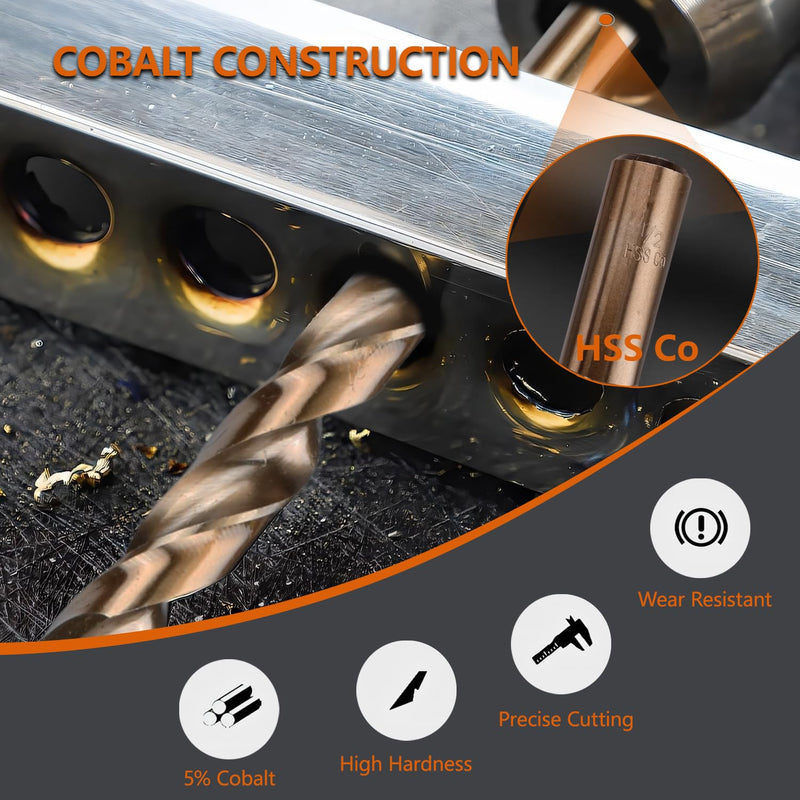 1/2 Inches 5-Pack Twist Drill Bits for Stainless Steel, M35 Cobalt Steel, Jobber Length, Dual Twist Flute, 135 Degree Split Point, Bronze Finish, with Tough PP Transparent Storage Case 1/2“(5pcs)