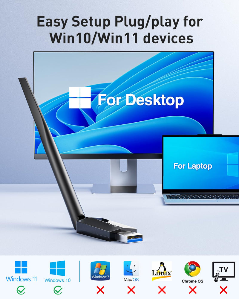 USB WiFi Adapter for Desktop PC - WiFi 6 Adapter AX1800 Dual Band 5G/2.4G for Desktop PC USB3.0 WiFi Dongle 7dBi High Gain Wi-Fi Antenna Wireless USB Network Card for Laptop Supports Win10/11