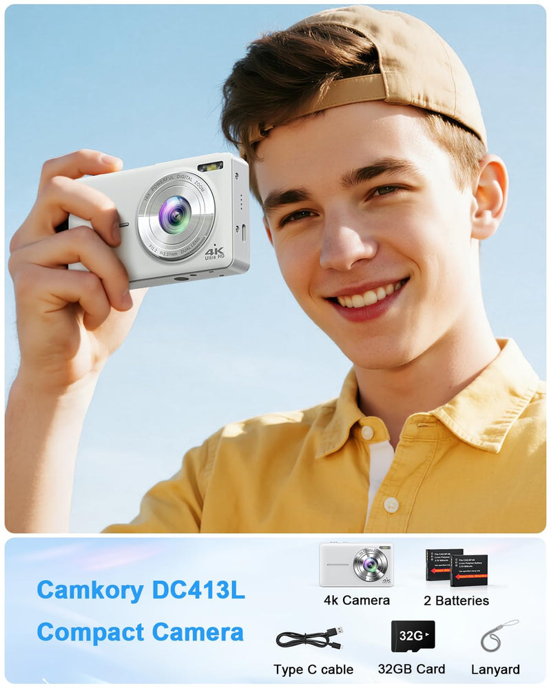 Digital Camera, 4K 64MP Cameras for Photography, Point and Shoot Digital Camera with Auto Focus, Dual Camera, Flash, 16X Zoom, Anti Shake, 32GB Card, Compact Vlogging Camera for Teens, Adults White