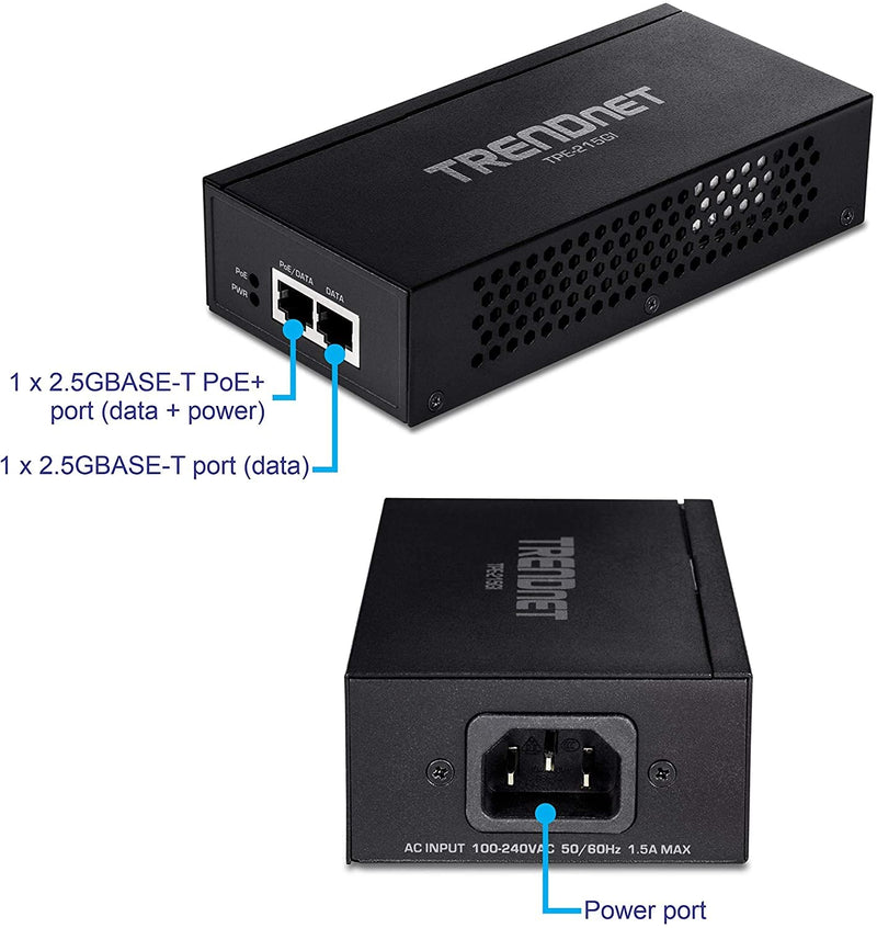 TRENDnet 2.5G PoE+ Injector, TPE-215GI, PoE (15.4W) or PoE+ (30W), Converts a Non-PoE Port to a PoE+ 2.5G Port, 2.5GBASE-T Compliant, Integrated Power Supply, Network a PoE Device Upto 100m, Black 30W