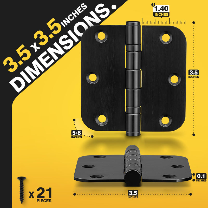 KOLET Ball Bearing Door Hinges, 3.5 Inches Black Door Hinges, 5/8'' Radius Corner Heavy Duty Stainless Steel Hinges, Smooth and Quiet, Non Removable Pin, Matte Black, 3 Pack