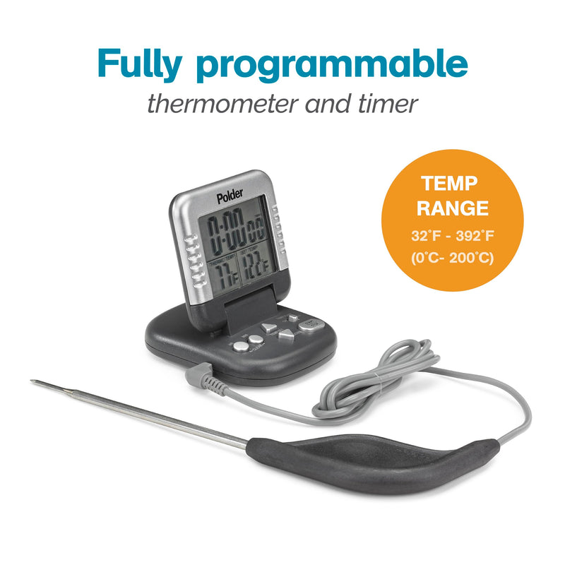 Polder Classic Digital Thermometer and Timer, Meat Thermometer for Cooking, Stainless Steel Probe, 24-Hour Countdown Timer with 40" Long, High-Heat Silicone Cord Graphite