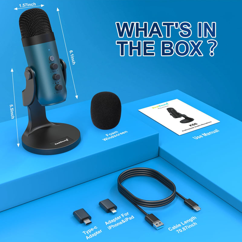 ZealSound USB Microphone,Quick Mute Noise Cancel for Phone Computer PC PS5,Gaming Microphone with Gain Control,Echo Monitor Volume Adjust for Streaming Vocal Recording ASMR Podcast Video (Teal) Teal