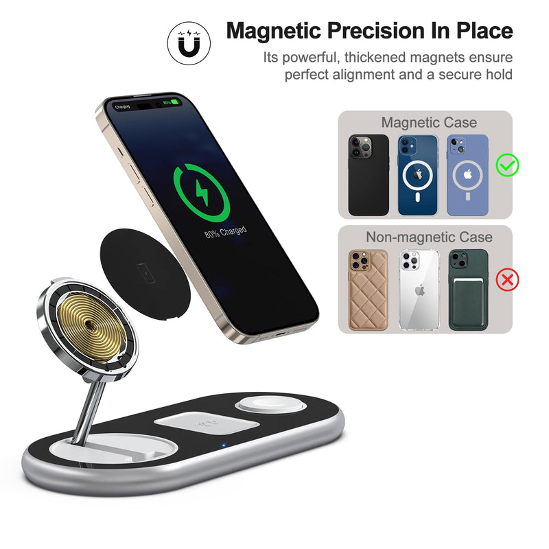 3 in 1 Charging Station for Apple Devices, Faster Mag-Safe Charger Stand, Magnetic Wireless Charger Station for iPhone 15 14 13 12 Pro Max Plus, Apple Watch iwacth & AirPods, Adjustable Angle Crystal Silver