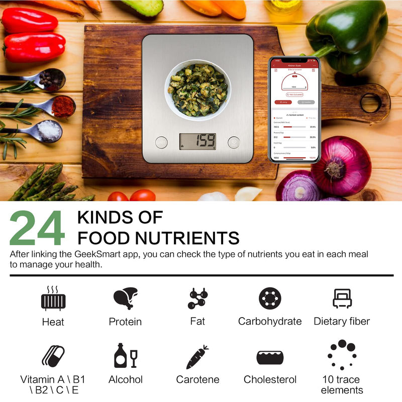 Geek Chef Food Scale,Smart Food Nutrition Scale, Scale for Food Weight Loss,Digital Kitchen Scales,Kitchen Tools for Baking, Cooking,Meal Prep,Weight Loss,1g/0.1oz Precise Graduation, Stainless Steel Silver