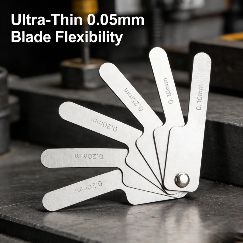 Valve feeler gauge, 7 blades 0.1-0.5mm interdental gauge, valve clearance gap width measuring tool, stainless steel curved feeler gauge precision gauge, for tooth contact measurement