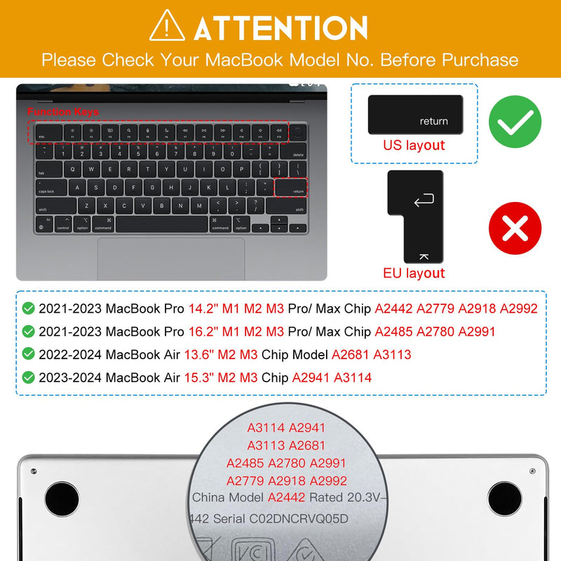 CaseBuy Premium Keyboard Cover for 2024 2023 M2 M3 MacBook Air 15" A2941 A3114, M2 M3 MacBook Air 13.6" A2681 A3113, MacBook Pro 14" 16" A2442 A2779 A2918 A2992 A2485 A2780 A2991 M3 M2 M1 Pro/Max MacBook Pro 14/16 Inch Clear