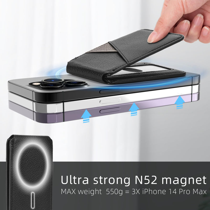 Arae Magnetic Phone Wallet, Compatible with MagSafe Wallet, for Apple iPhone 15/14/13/12 Series, Adjustable Stand with 4 Card Holder,RFID Blocking, PU Leather,Black Black