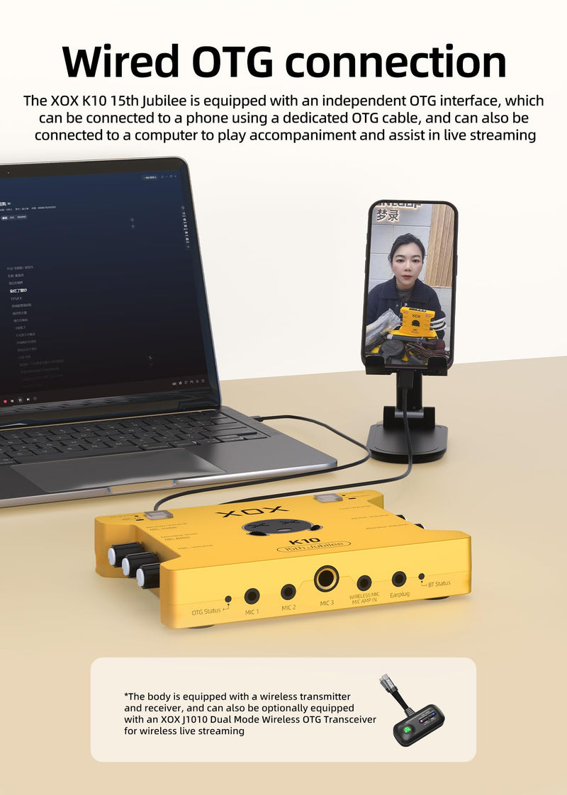XOX K10 15TH live streaming audio interface for gaming recording bubbing teaching and k song. Stream sound card with 3.5/6.5 microphone,bluetooth and wireless OTG connect.