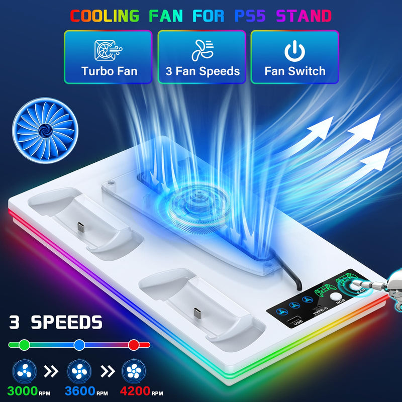 PS5/PS5 Slim Stand and Cooling Station with Controller Charging Station for Playstation 5 Slim&Standard Disc/Digital Console, 10 RGB Light PS5 Cooler Accessories Incl 3 Levels Cooling Fan/USB Hub