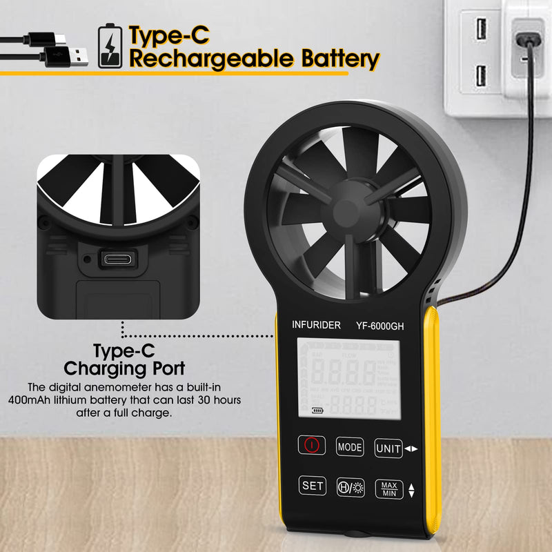 Rechargeable anemometer, wind measuring device, INFURIDER YF-6000GH smart touch digital anemometer hand for measuring wind speed/temperature, wind speed meter gauge for outdoor HVAC airflow