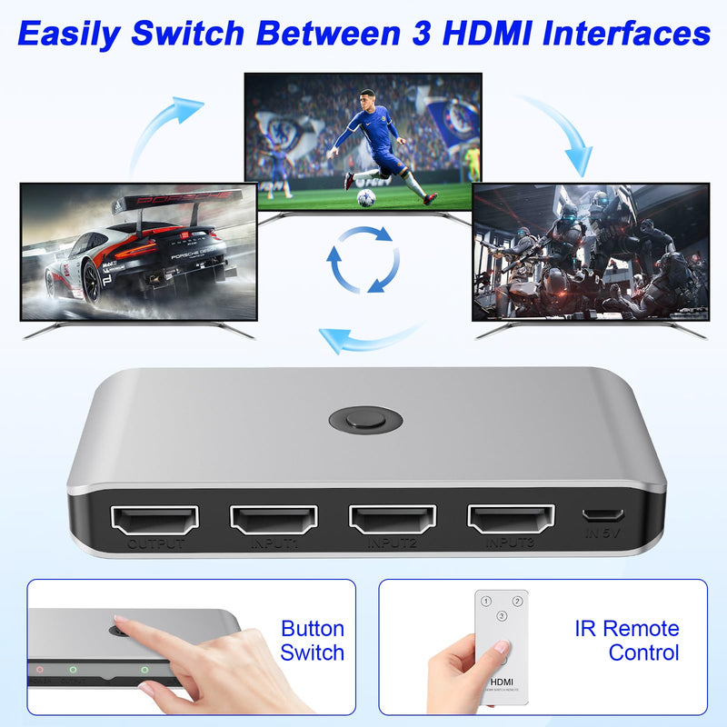 HDMI Switcher 3 in 1 Out, 3 Port HDMI-Splitter with IR Remote Switcher Selector Box Support 4K@60Hz, Plug and Play Compatible with PS 5/4/3 Xbox Switch Roku TV Fire Stick