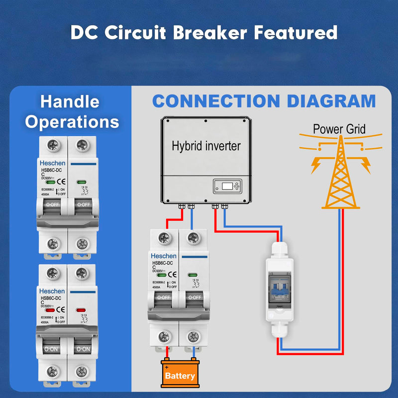 Heschen HSB6C-DC 2 Pin DC 500V C 16A Non-Polarized DIN Rail Mounted Photovoltaic Circuit Breaker for Solar Systems Standard design