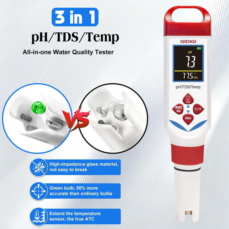 Digital pH Tester for Water, 3 in 1 pH TDS Meter for Drinking Water | 0-9990ppm pH pen with Color Display & Green Probe | AAA Battery Powered Water Tester for Drinking Water, RO/DI System Red+Blue