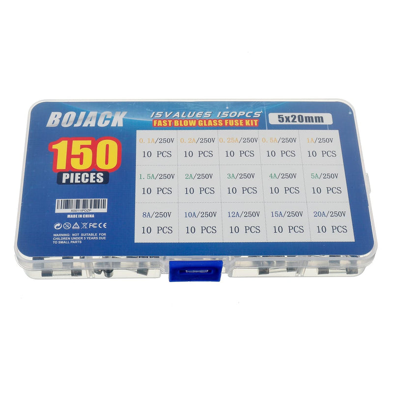 BOJACK 15 Values 150pcs Quick Blow Glass Fuses Assortment Set 5x20mm Fuse 250V Fuses 0.1 0.2 0.25 0.5 1 1.5 2 3 4 5 8 10 12 15 20A Packaging in a Clear Plastic Box 5x20mm Fuse “F”