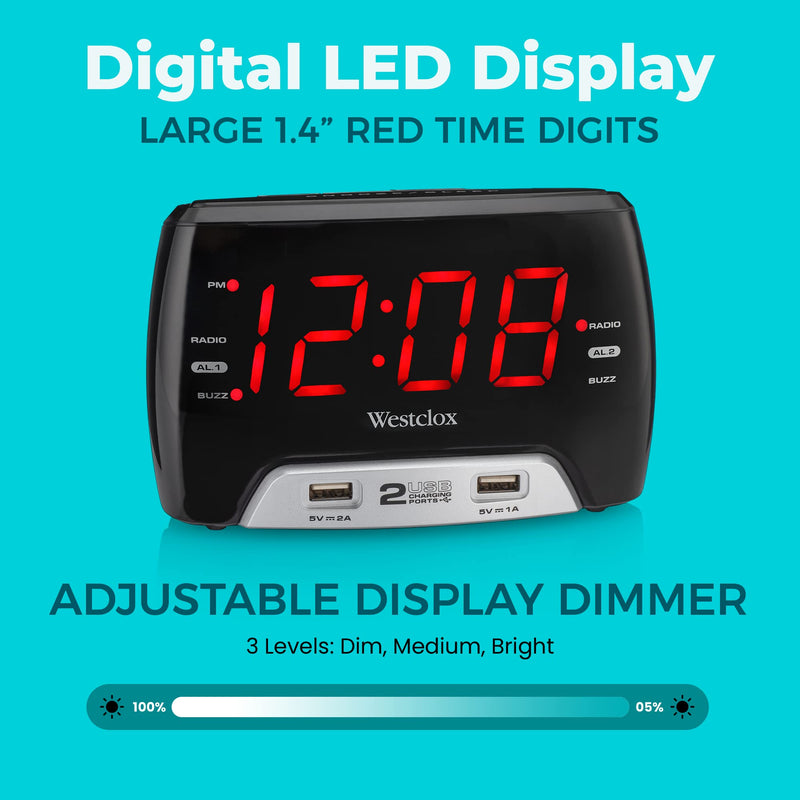 Westclox Basic Large 1.4” red LED Digital FM Clock Radio 2 USB Charging Port with Fast Charge for Bedroom, Home or Office – Model# 80227WM