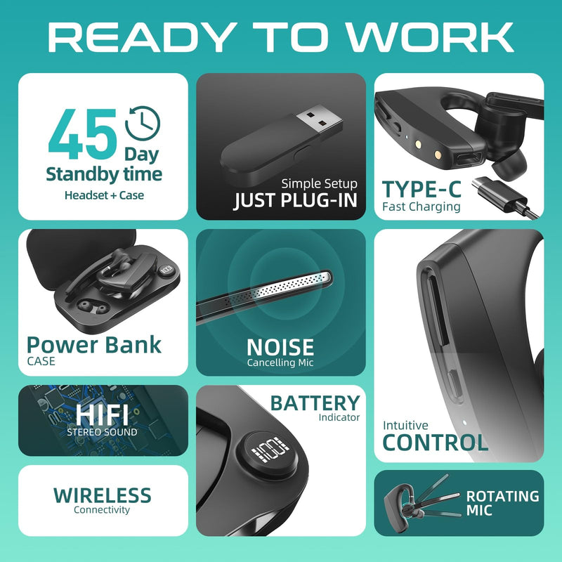 Bluetooth Headset with Noise Cancelling Mic, Wireless Headphones for Business & Office Teams, Dongle & Charging Case for iPhone Cell Phones, Trucker Work, Handsfree & Mute Buttons