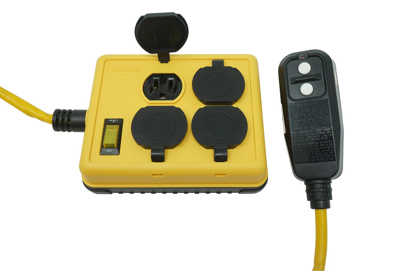 Woods 2516 Coleman Duplex Right Angle Quad Box with Gfci; 125 V; 15 A; 14/3 Awg Sjtw; Gauge; Yellow