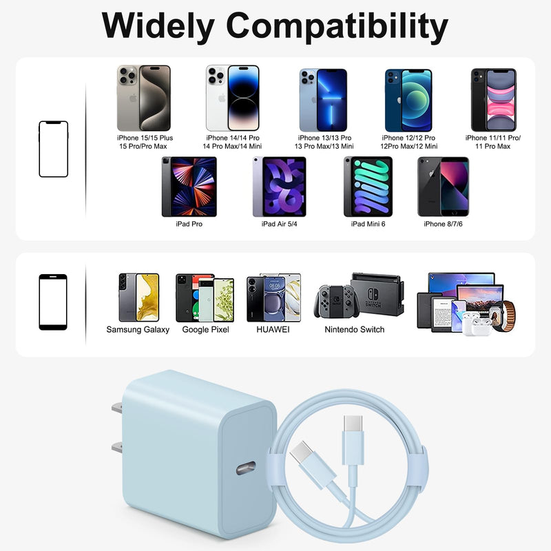 iPhone 16 15 Charger Fast Charging 10Ft - 2 Pack 20W USB C Wall Charger Block and Type C to C Cable Compatible with iPhone 16/16 Pro/16 Pro Max/iPhone 15, iPad Pro, Air 5/4, iPad 10 (Blue) Blue