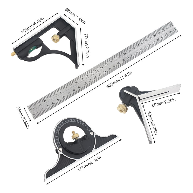ChgImposs 12" Adjustable Sliding Combination Square Ruler & Protractor Level Measure Measuring Set, Inch/Metric