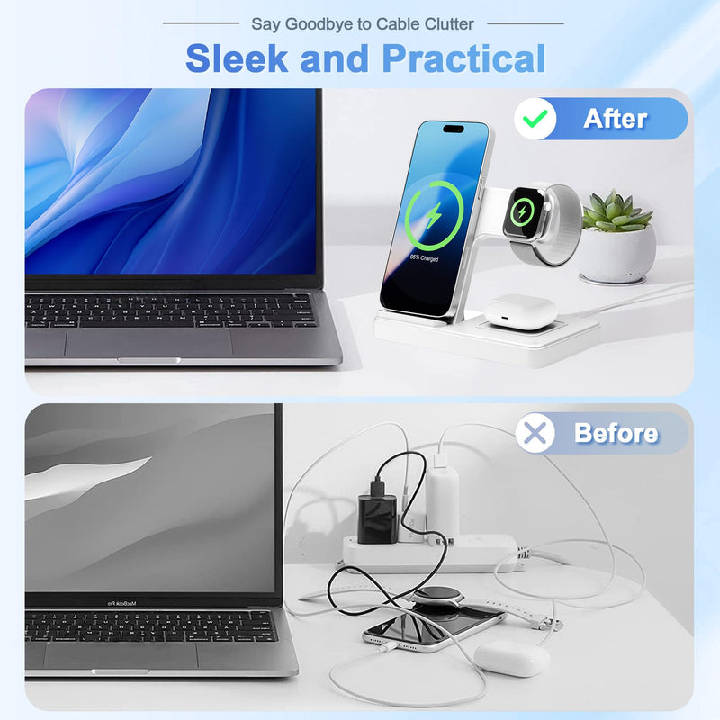 Wireless Charging Station for Apple Devices: 3 in 1 Foldable Qi Compact Case-Friendly Charger Stand for iPhone 16-12 & Apple Watch & AirPods Charging Dock for Travel Home Office Desk Nightstand(White) White 1