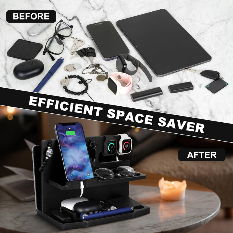 Gifts for Men Desk or Nightstand Organizer - Wood Phone Docking Station - Birthday Gifts for Husband, Fathers Day for Dad - Anniversary Idea from Wife - Key Holder, Stand Wallet, Watch & Essentials Black
