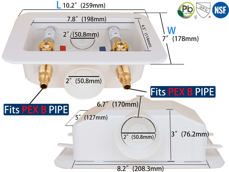 WHK Washing Machine Outlet Box,Pex Laundry Box Washer Wall Box With Drain Recessed Water Valve Box Center Double Drain 1/2-inch Crimp PEX B,PVC White (With Stainless Steel Water Hammer Arrester)
