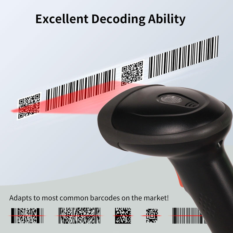 Barcode Scanner Wireless, Handheld Bar Code Scanner Versatile 2-in-1 (2.4Ghz Cordless & USB Wired) Book Scanner for Personal Library, Warehouse Inventory, Clothing Shops and More