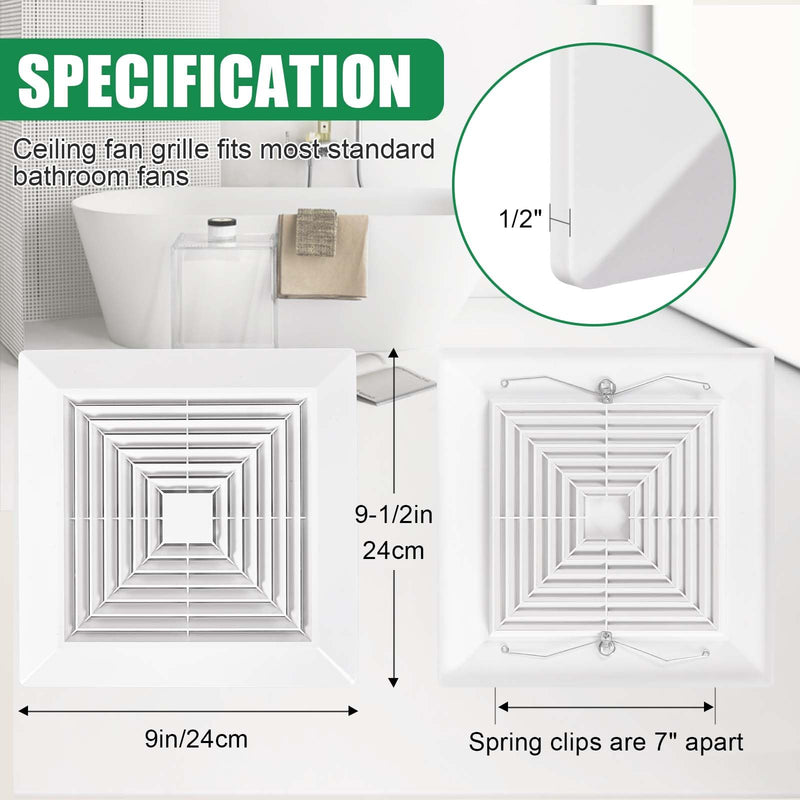 2-Piece (9"x9"Inches) Bathroom Exhaust Fan Cover with Spring, Square Ceiling or Wall Mounted Exhaust Fan, Ceiling Fan, Grille, Air Diffuser, Diverter Ventilation Hood, Replacement Accessories 9 X 9 inches 2