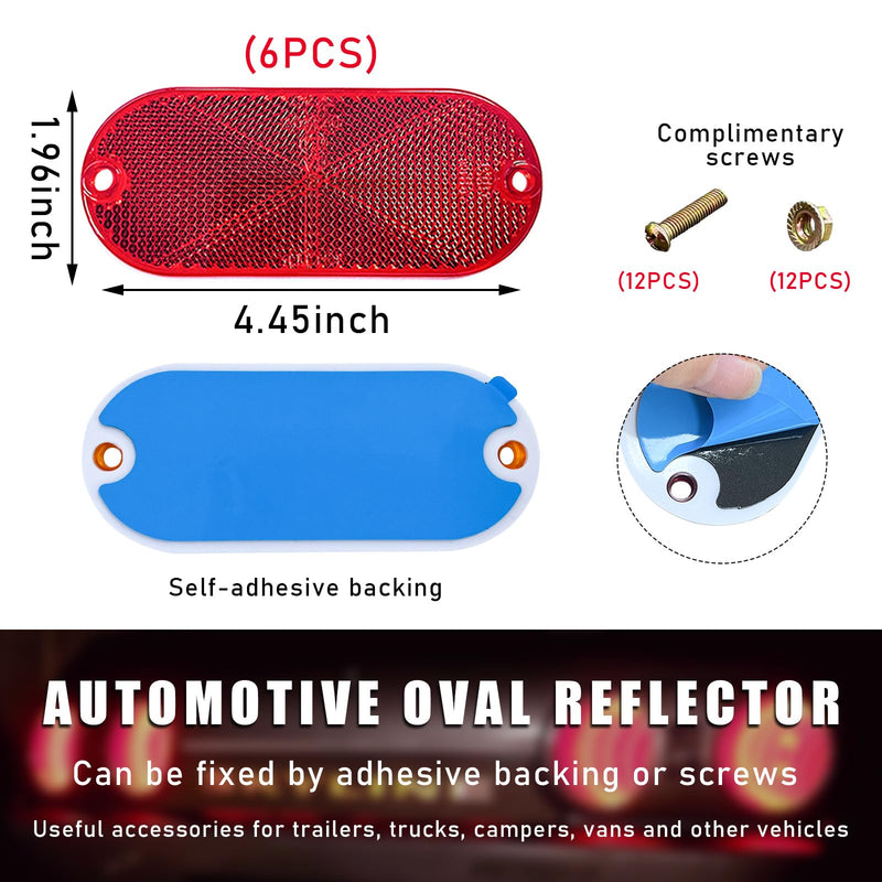 6 PCS Front Reflector Oval Reflector, Safety Reflector with Center Mounting Hole, Universal Vehicle Safety Warning Reflector for Roads, Mailboxes, Tunnels (Red) Red