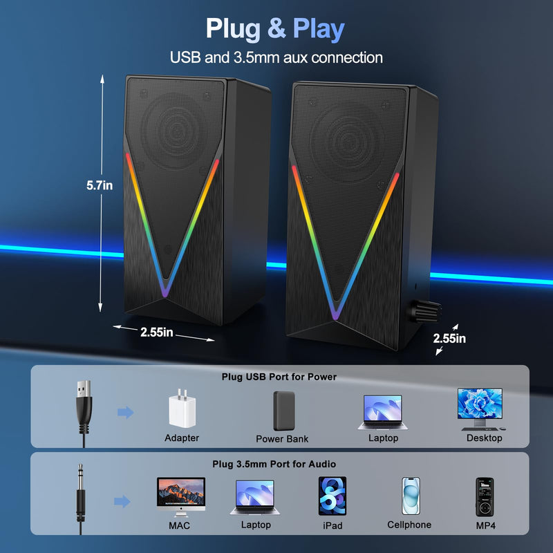 Computer Speakers, Desktop Speakers with 6 Colorful RGB Lights, Headphone Jack, Enhanced Bass and Volume Control, PC Speakers USB Powered & 3.5mm Aux Gaming Speakers for Laptop Monitor PC Tablet Phone