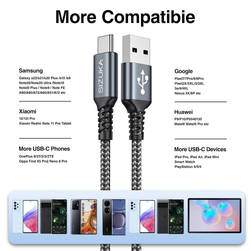 SIZUKA USB C Cable [3 Pieces 2 M] 3.1 A Charging Cable USB C Fast Charging Cable Type C | Fast Charge USB C Fast Charging Cable for iPhone 17 16 15 Pro Max, Galaxy S25 S24 S23, Pixel, MacBook, iPad, Xiaomi 2 m + 2 m + 2 m