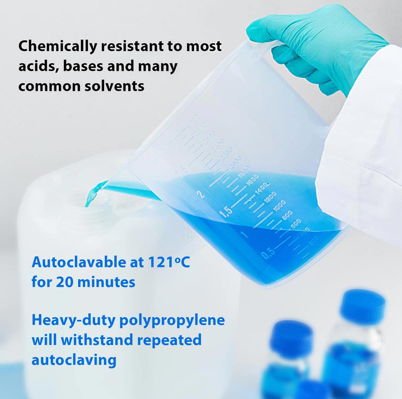 Globe Scientific 601159-1 Polypropylene Short Form Beaker with Handle, Molded Graduations, 3000mL Capacity, Each 1