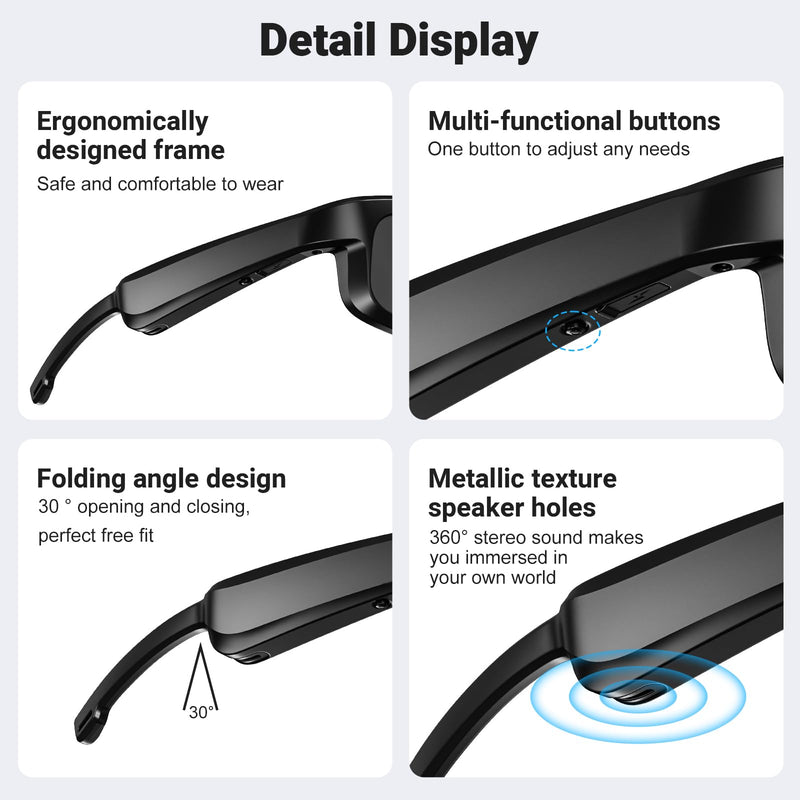 Smart Glasses, Polarized Bluetooth Sunglasses, Built-in Mic & Speakers, Voice Assistant, UV Protection Audio Sun Glass M8 Pro-black Lens